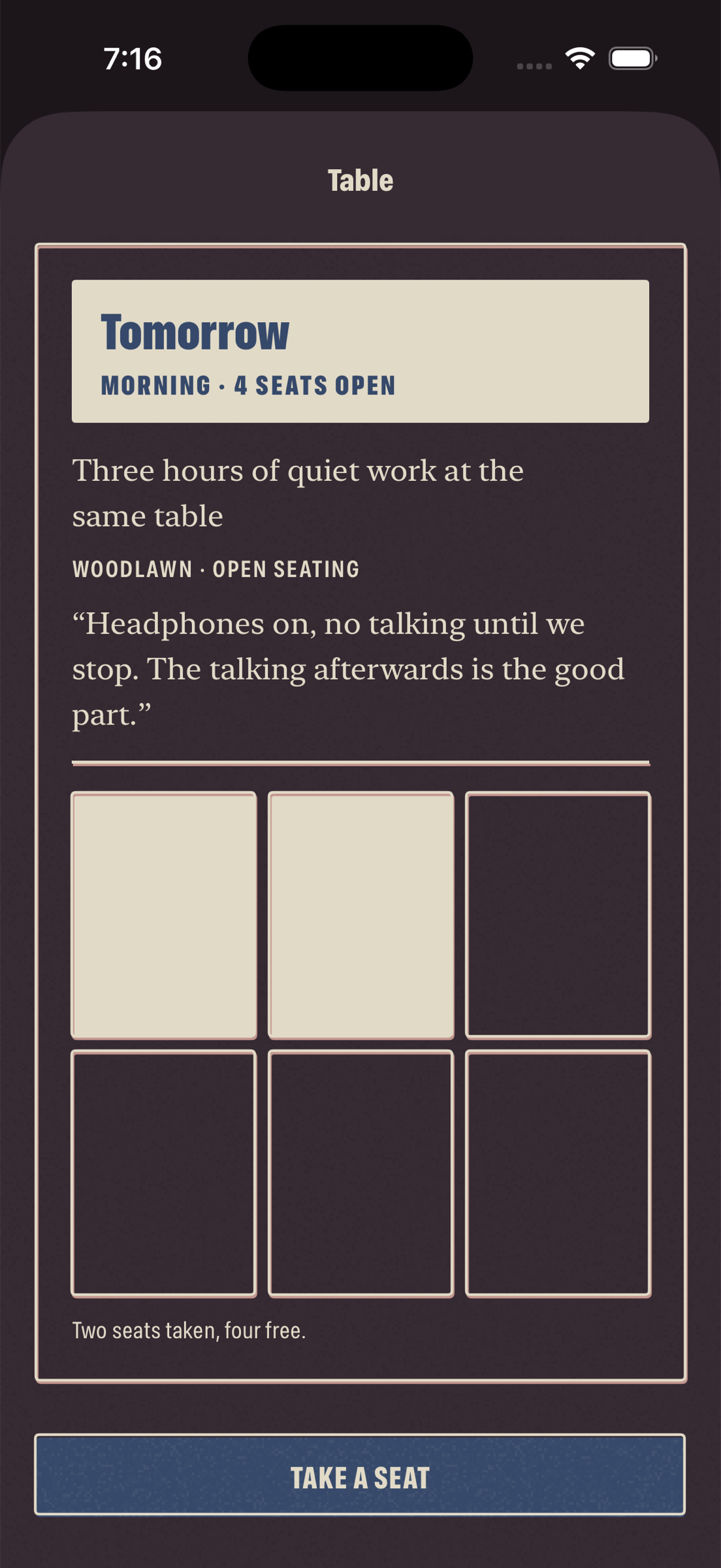 A Table in the Porchkeep app. Six seats, a place and a time, with the seats shown as a row of marks rather than a list of faces.