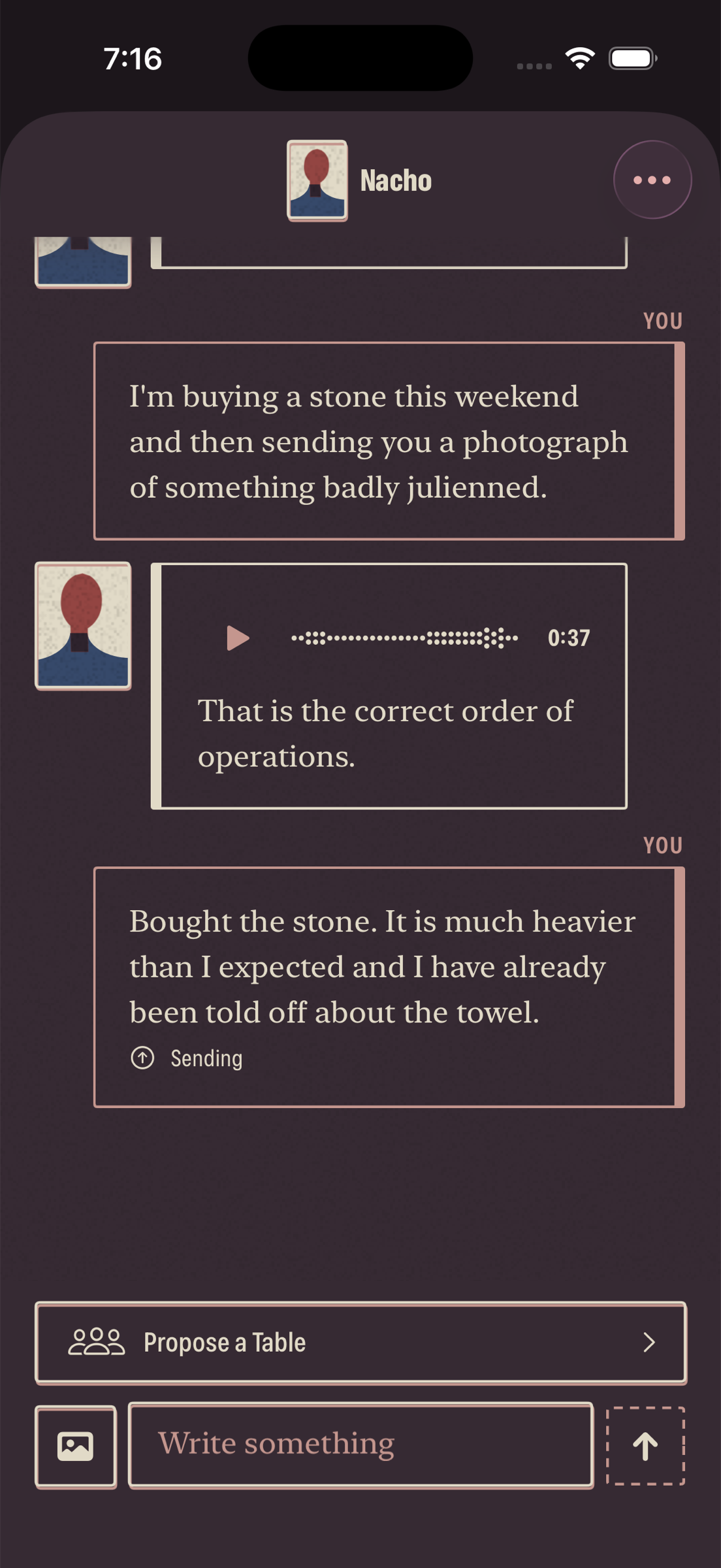 A thread in the Porchkeep app. A Knock has arrived in full, in the sender's own words, quoted against the answer it replies to.