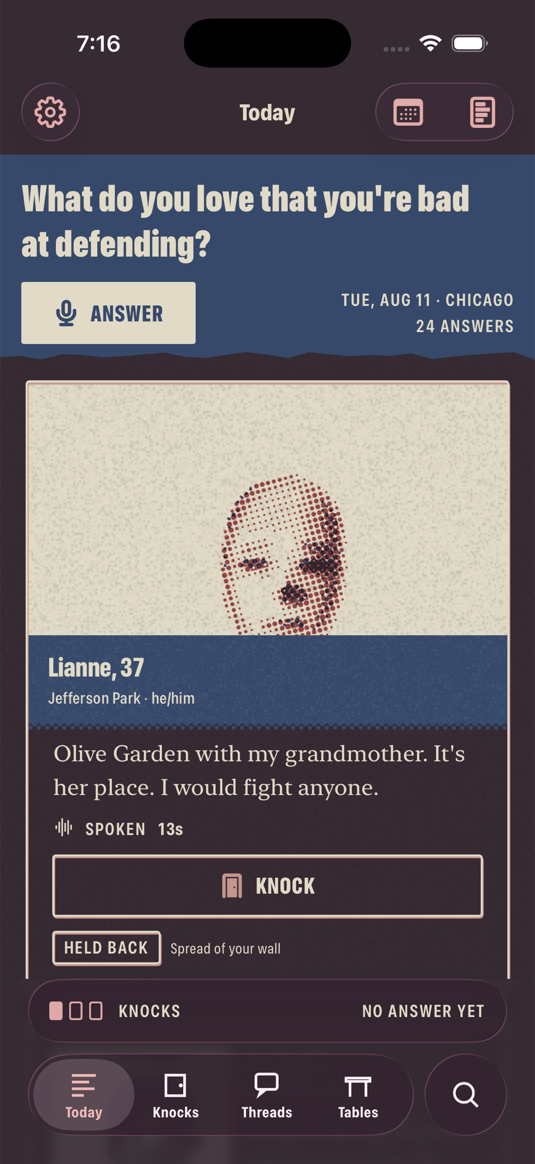 The Today screen of the Porchkeep app. A question in a blue band, then one member's answer: a printed portrait, the name and neighbourhood in a solid blue bar beneath the picture, the answer set in a serif, and a single button reading Knock.