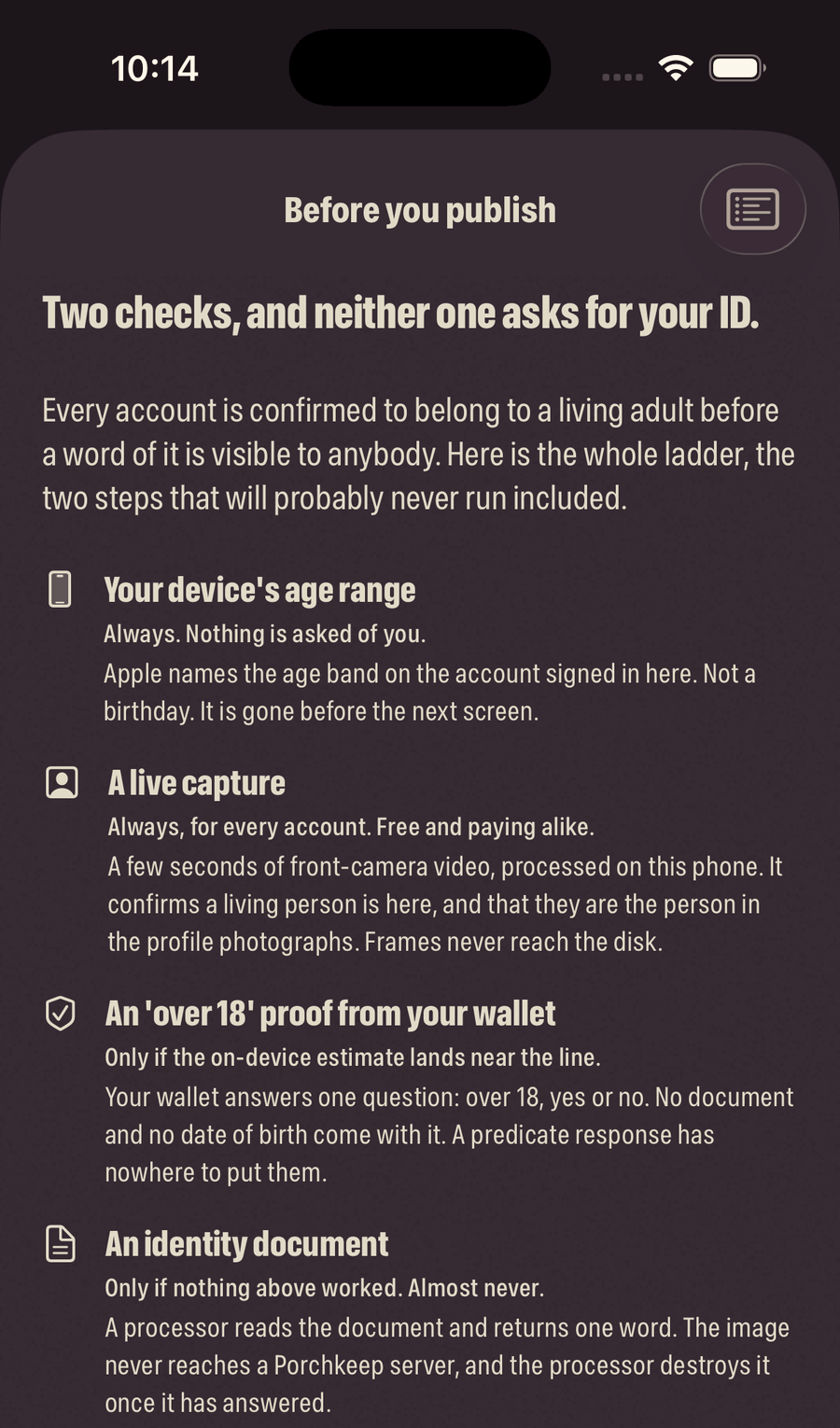 The screen shown before an account can publish anything. It reads: two checks, and neither one asks for your ID. A ladder of four steps follows, of which the first two always run: the age range the device already knows, and a few seconds of front-camera video processed on the phone.