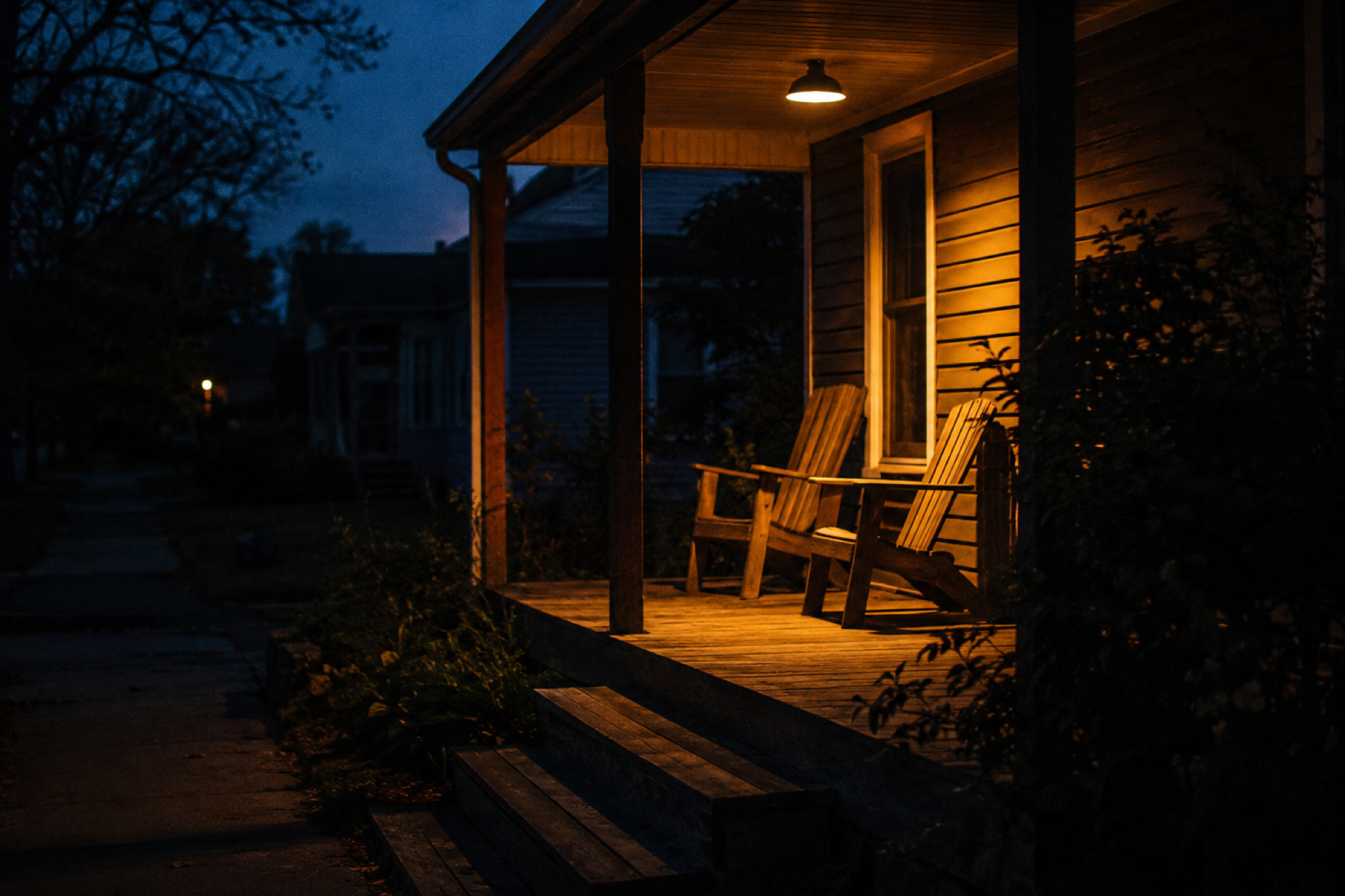 Two empty wooden chairs on a lit porch at dusk, on a residential street.